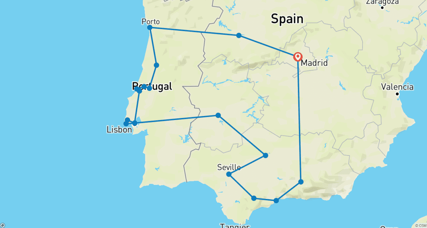 Mapa do percurso de Grande Tour de Portugal e Espanha (Superior) - 11 dias