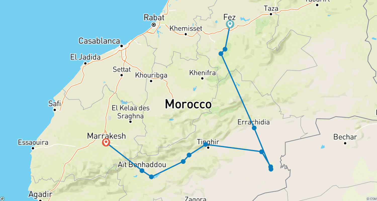 Mapa do percurso de From Fes : 7-Days Private Moroccan Discovery Tour: Cities, Desert & Mountains
