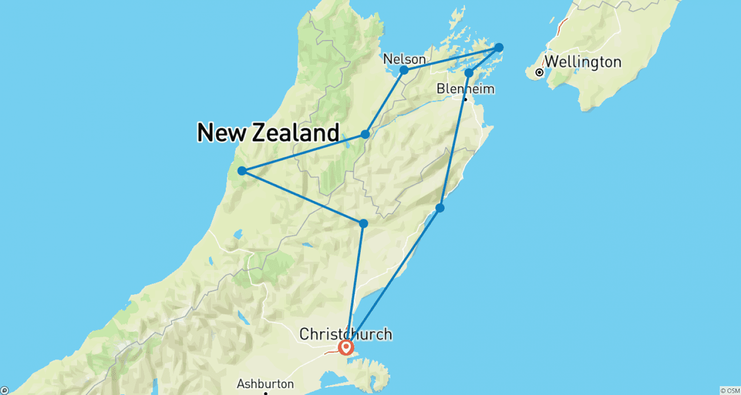 Mapa do percurso de Cicloturismo em Marlborough e na Costa Oeste