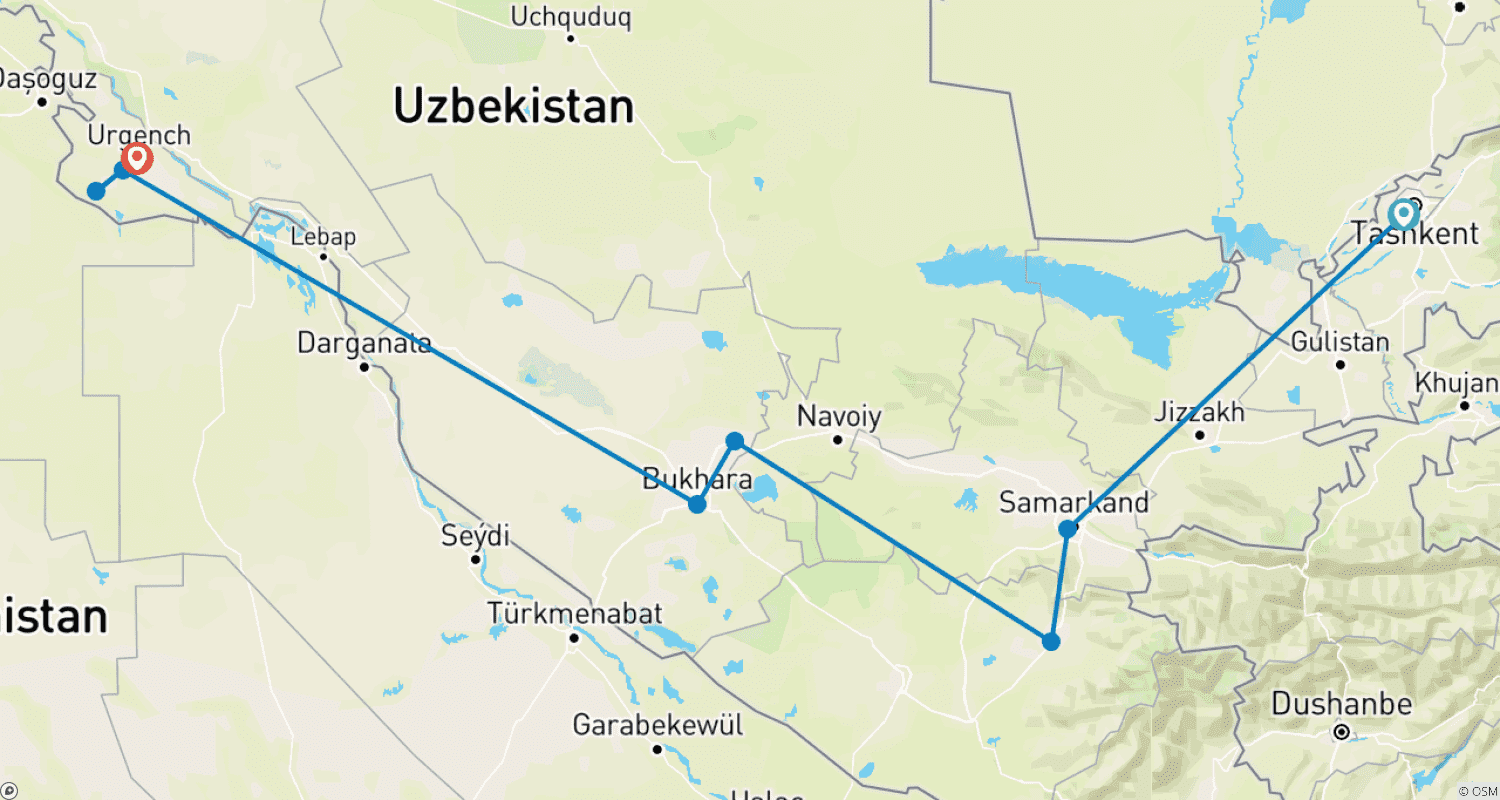 Mapa do percurso de Classic Uzbekistan Private tour (9 Days)