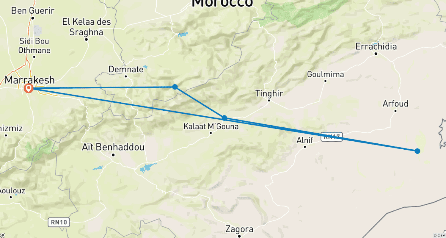 Mapa do percurso de Expedição de 5 Dias em Marrocos: de Marraquexe ao Deserto do Saara e Montanhas Atlas
