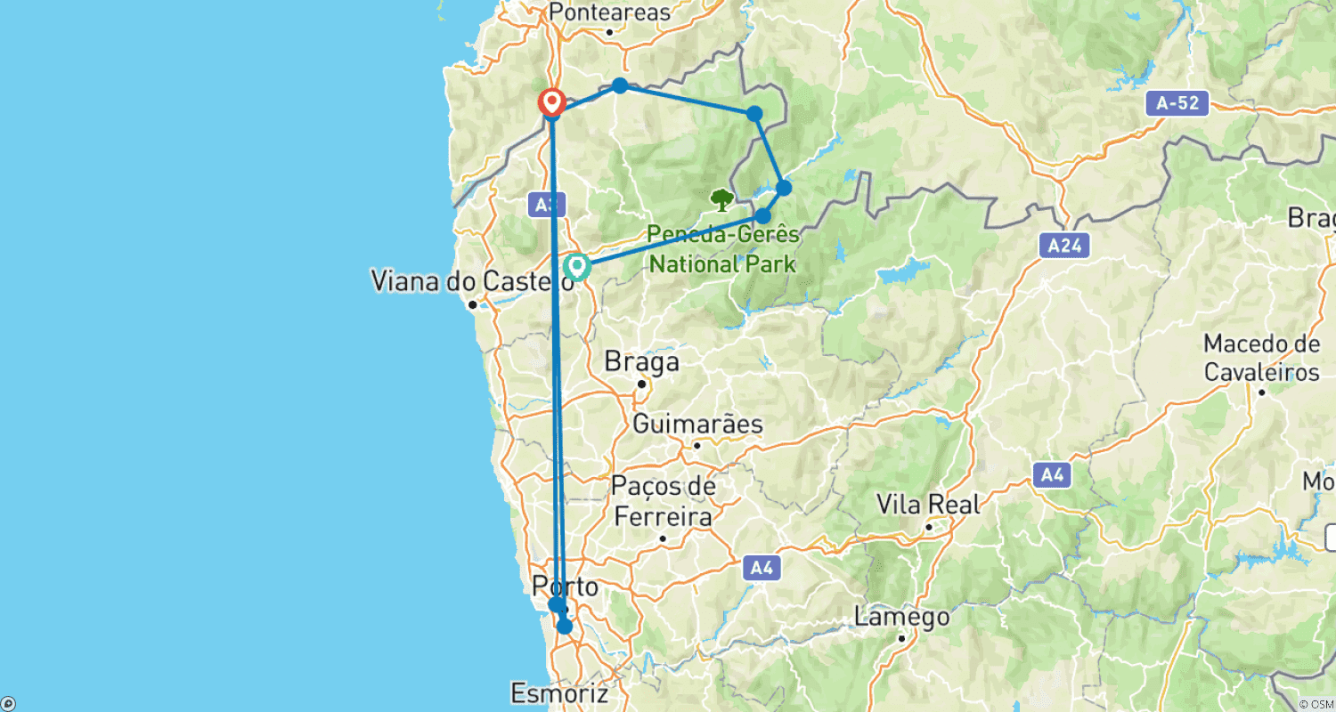 Mapa do percurso de Entre Espanha e Portugal - Gerês-Xurés de Bicicleta 8 Dias