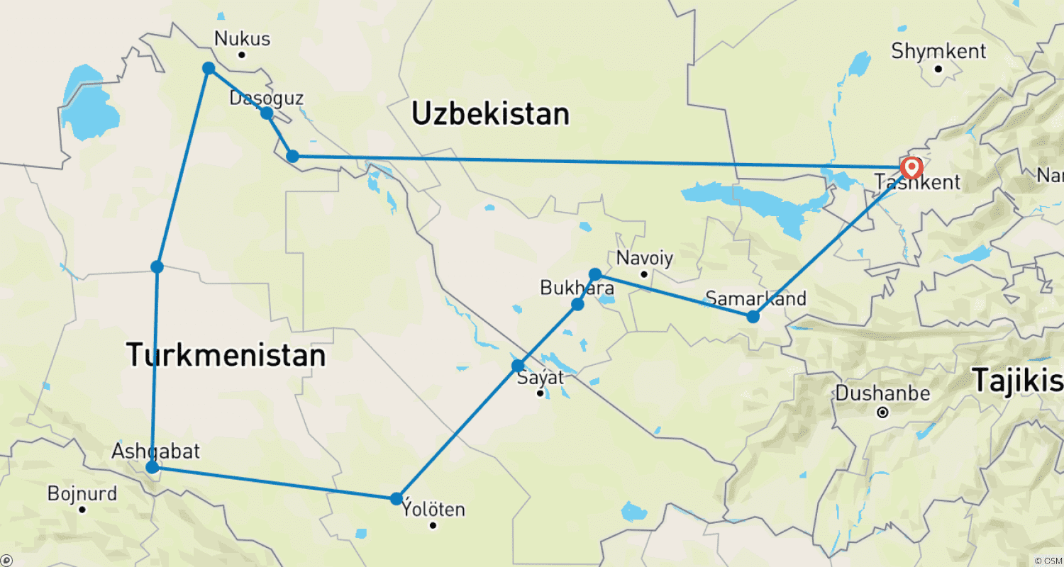 Mapa trasy: 11-dniowa wycieczka łączona Uzbekistan & Turkmenistan