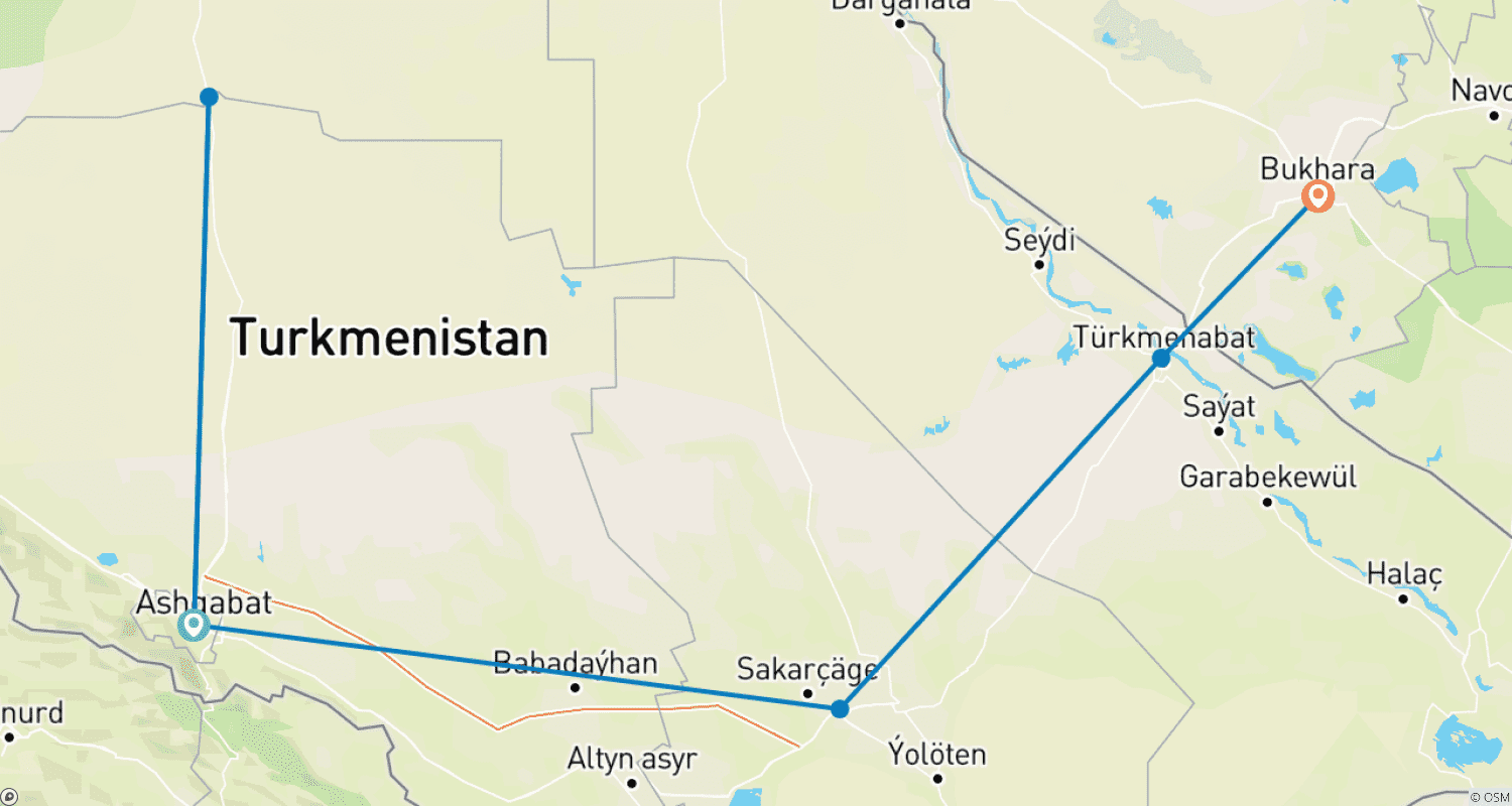 Mapa do percurso de 5 Days in Turkmenistan from Ashgabat to Bukhara