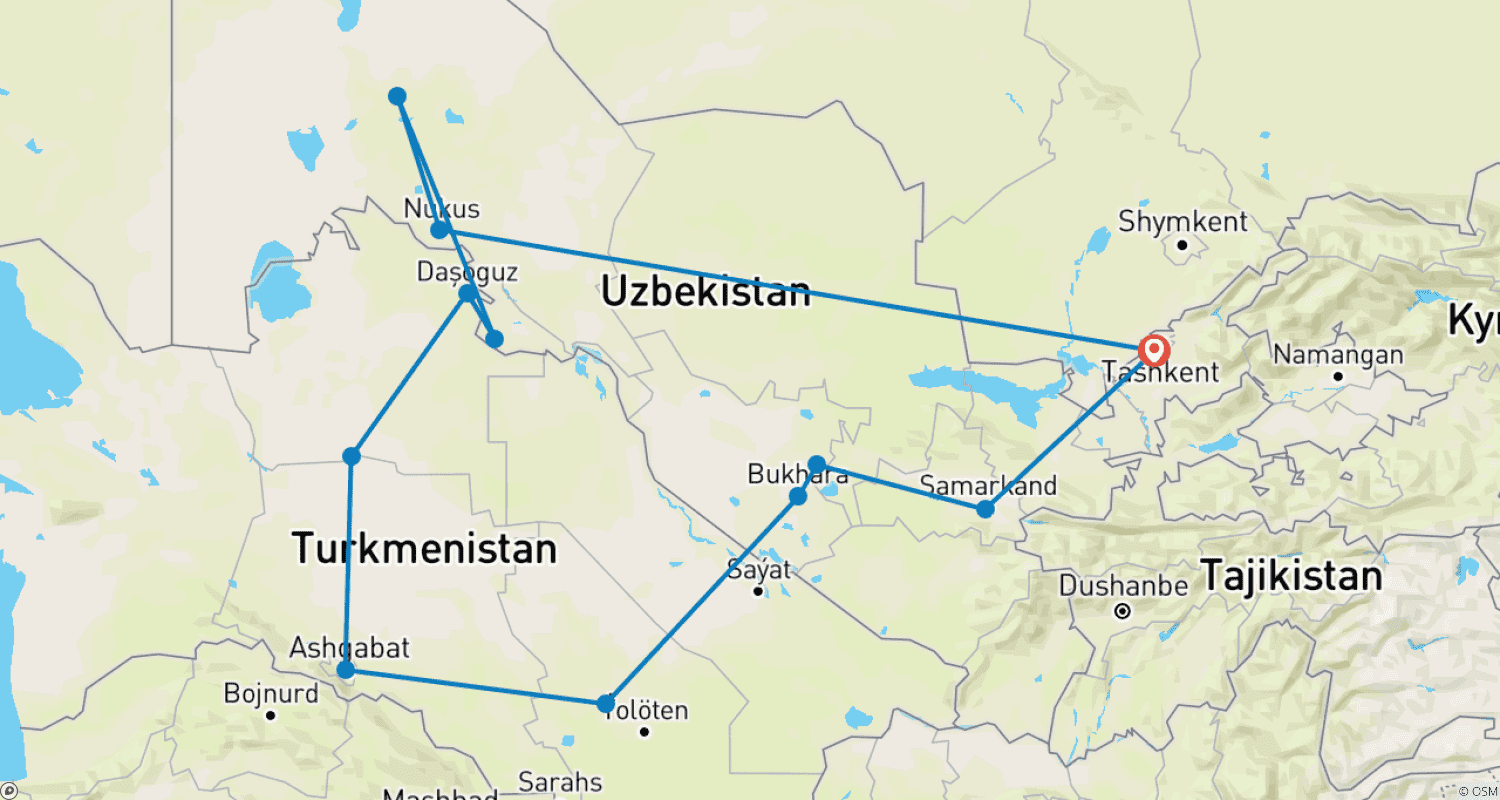 Mapa do percurso de Excursão combinada de 14 dias ao Uzbequistão e Turcomenistão