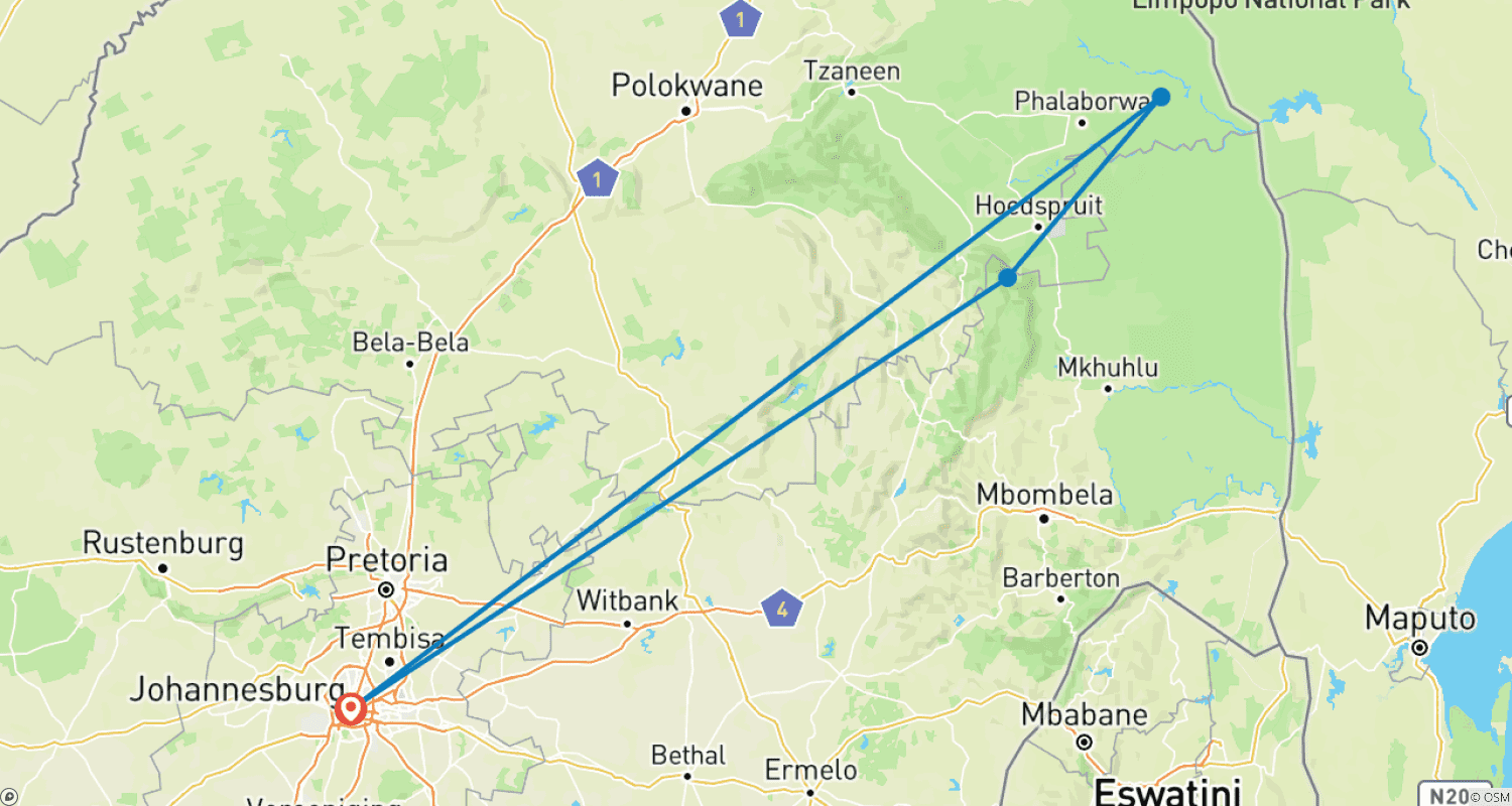 Mapa trasy: Pobyt w lodży w Krugerze