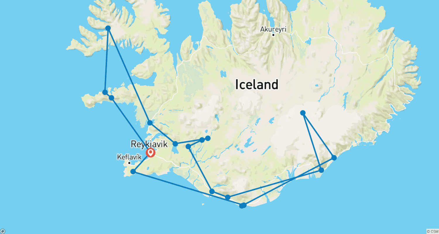 Customized 7-Day Iceland Tour to West & South Coast, Private Guideのルートマップ