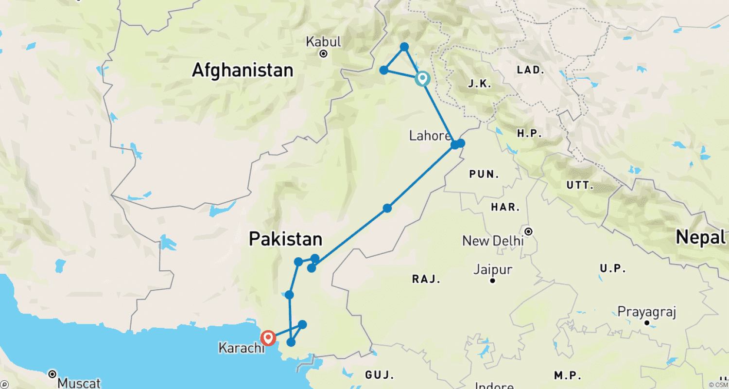 Mapa trasy: Odkrycie Południowego Pakistanu: 14 Dni Kultury, Historii i Przygody