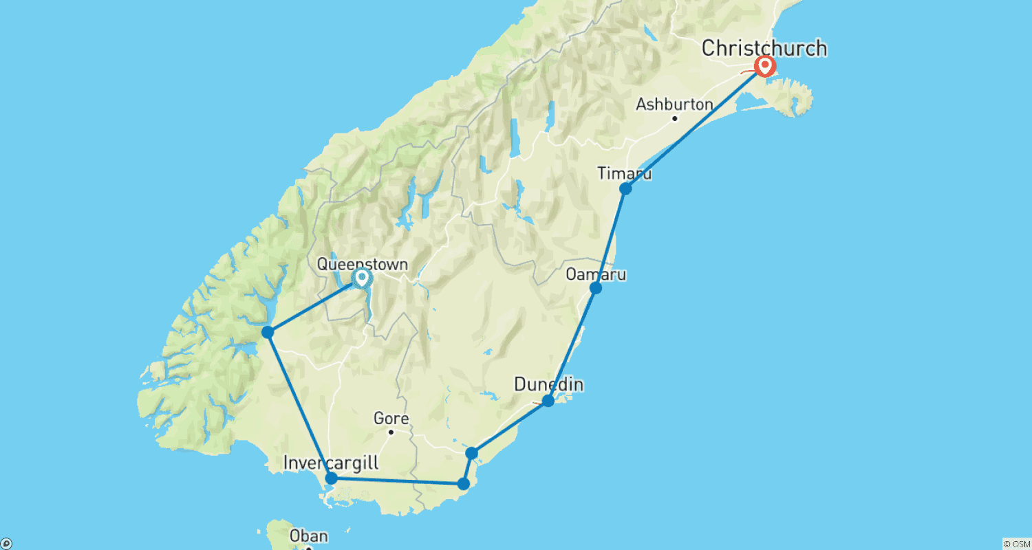 Mapa do percurso de Fiordland e Cascalho da Costa Sul