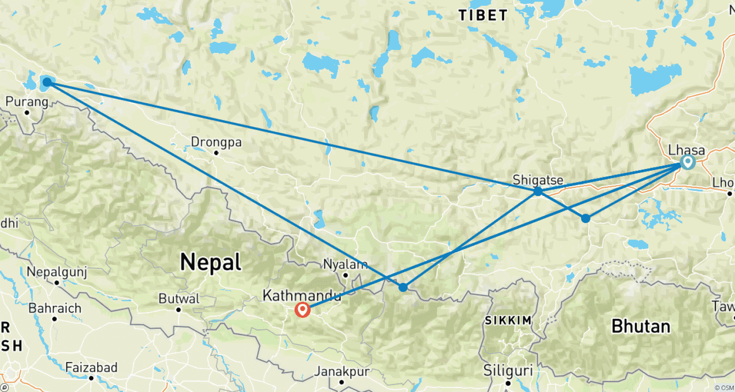 خريطة مسار Lhasa – EBC- Manasarovar – Fly in – Fly out – 12 Days