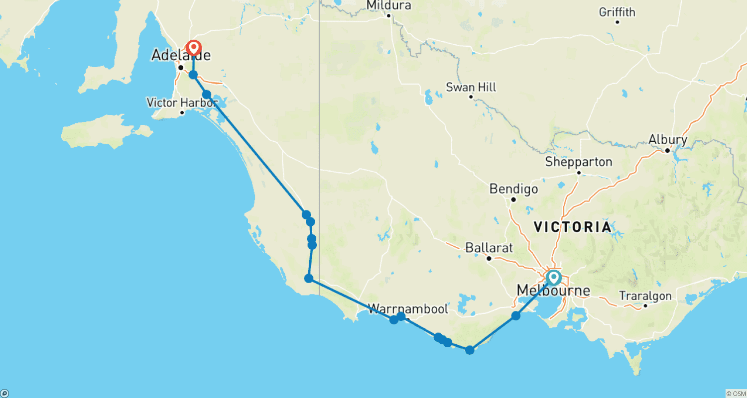 خريطة مسار Ocean to Vine: 5-Day Great Ocean Road & Barossa Experience