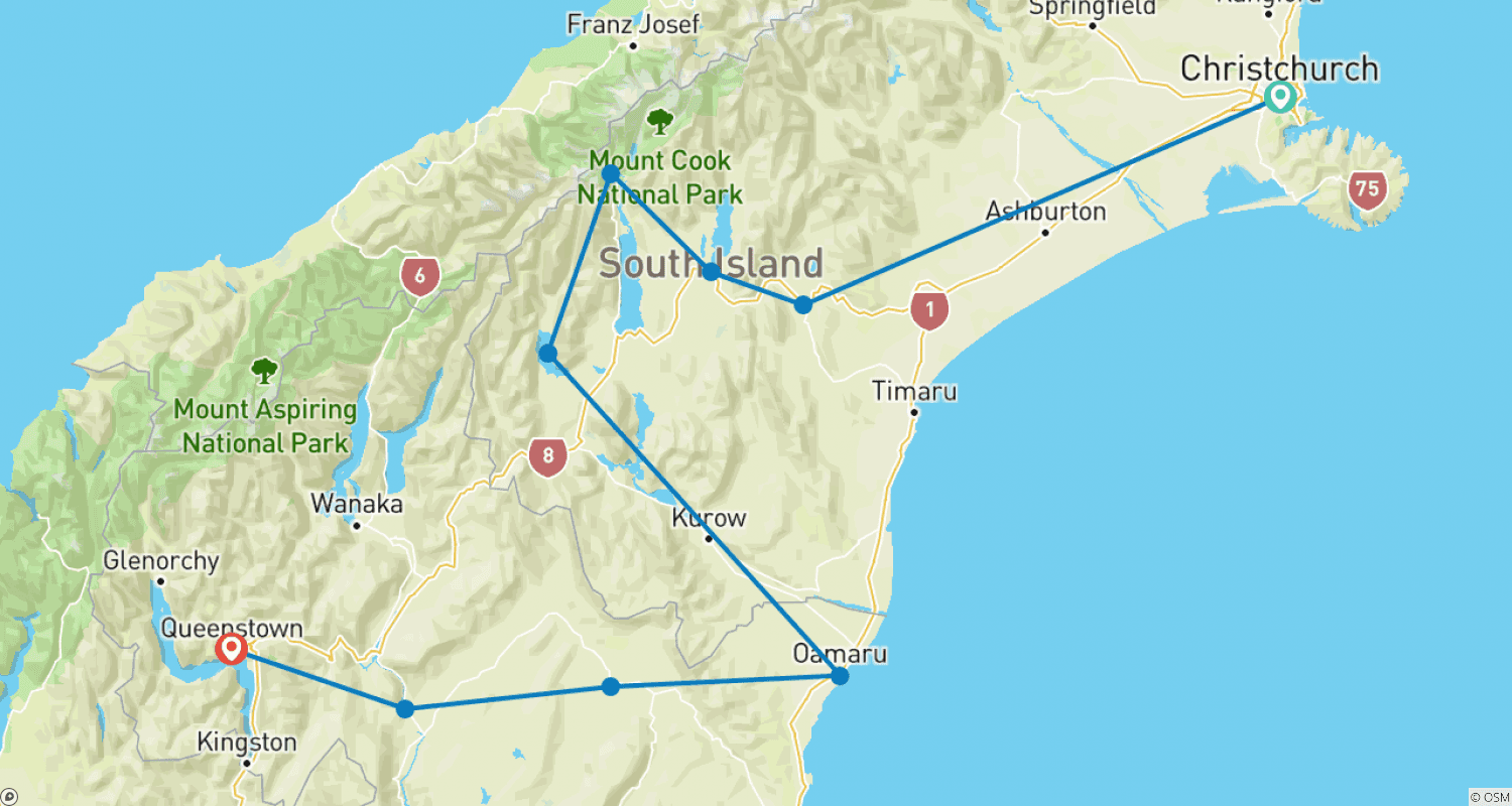 Mapa do percurso de Aoraki/Mount Cook e Lagos do Sul em Gravel