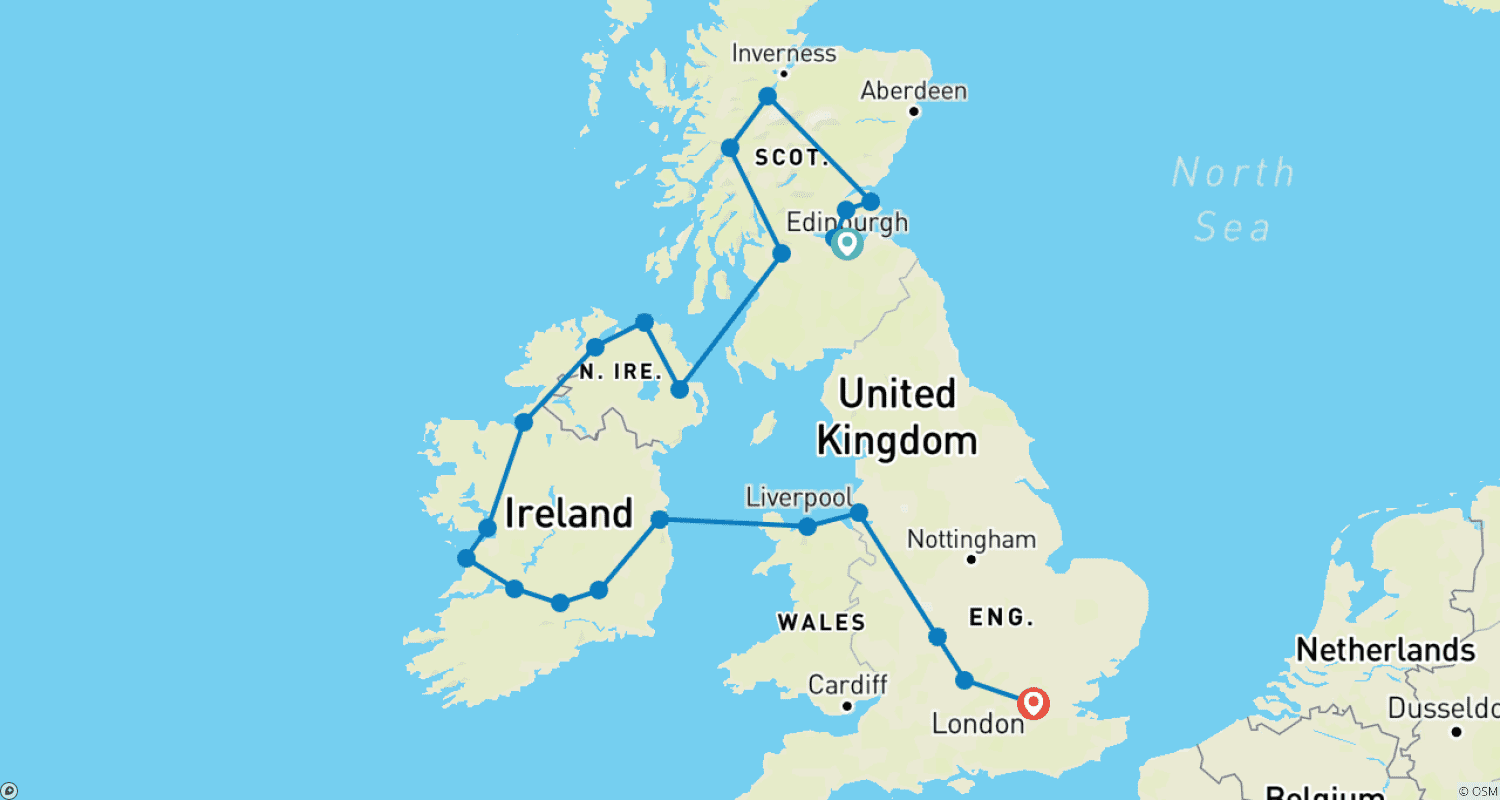 Mapa do percurso de Tour Reino e Irlanda (Edimburgo a Londres)