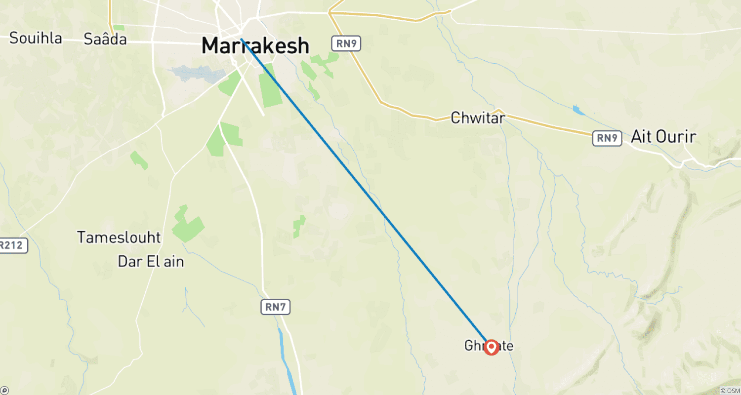 Mapa trasy: 1-dniowa wycieczka do Doliny Ourika z Marrakeszu – Góry Atlas i wodospady