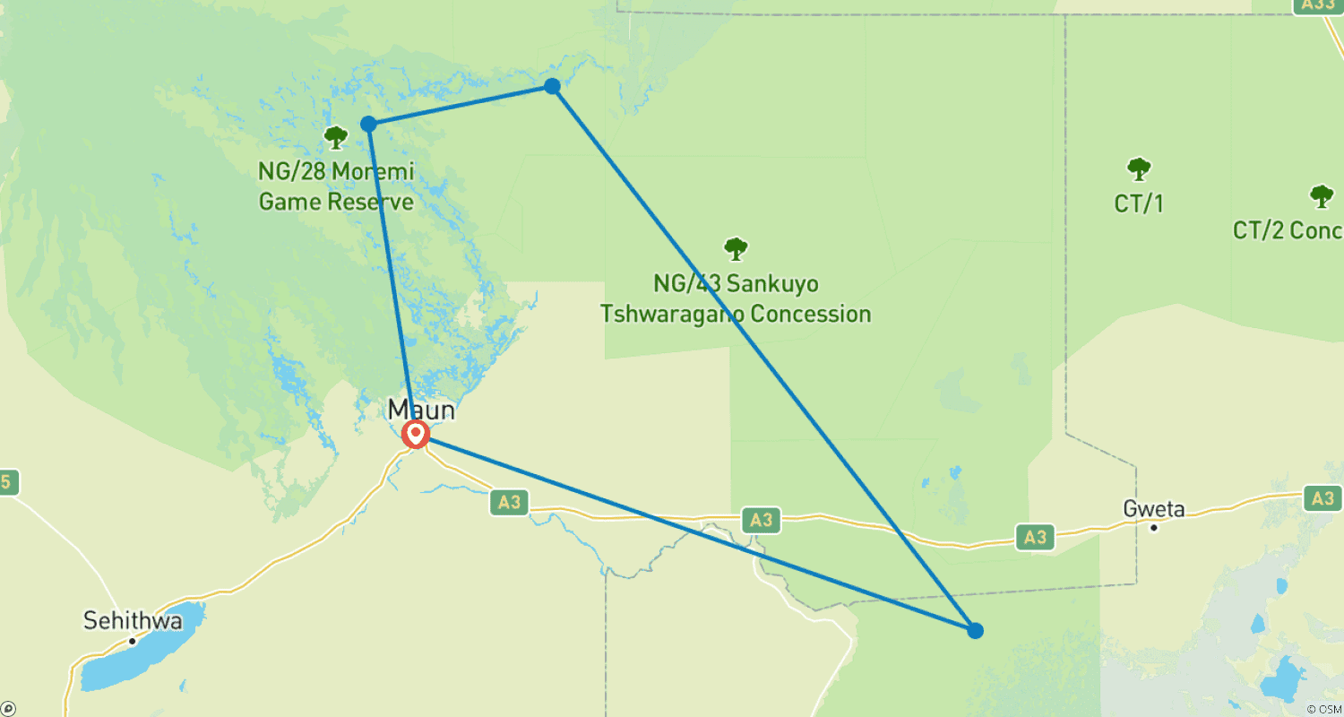Mapa trasy: 5-dniowe Safari po Boteti, Moremi, Khwai i Makgadikgadi Pans