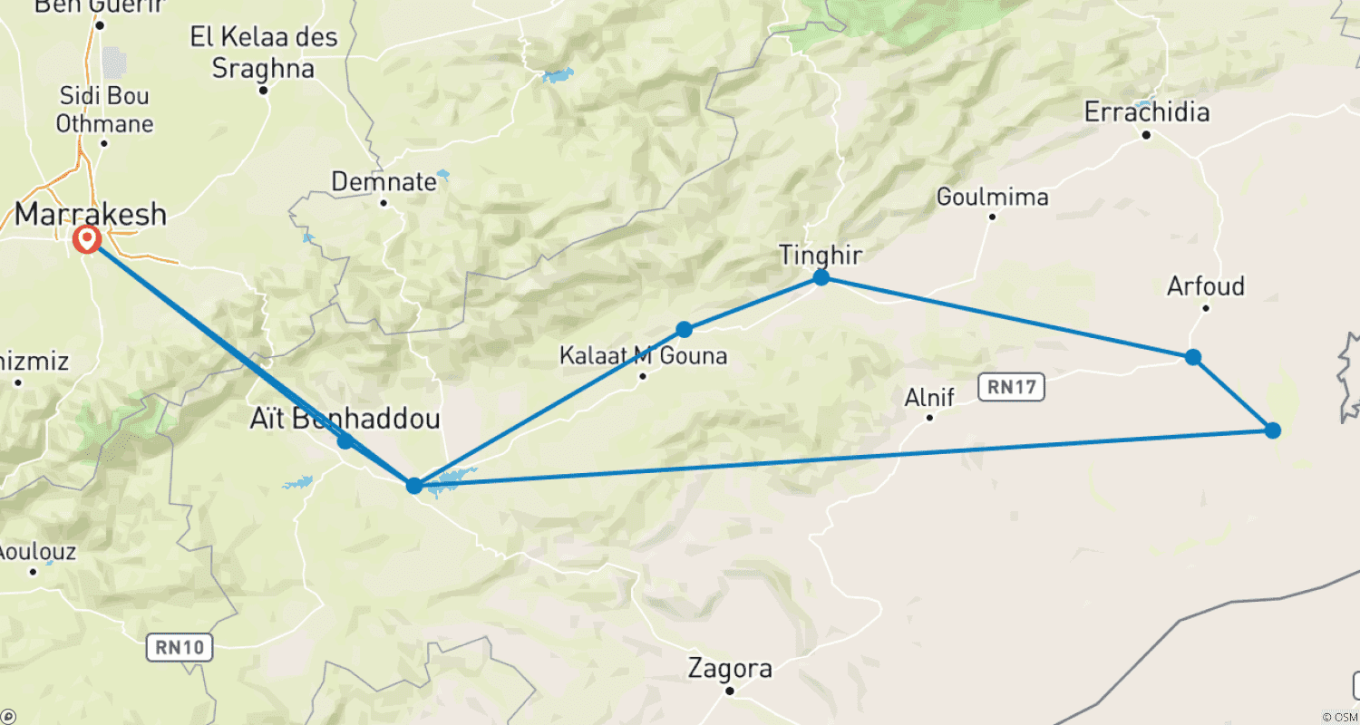 Mapa do percurso de 3 Days Sahara Desert Tour from Marrakech to Merzouga