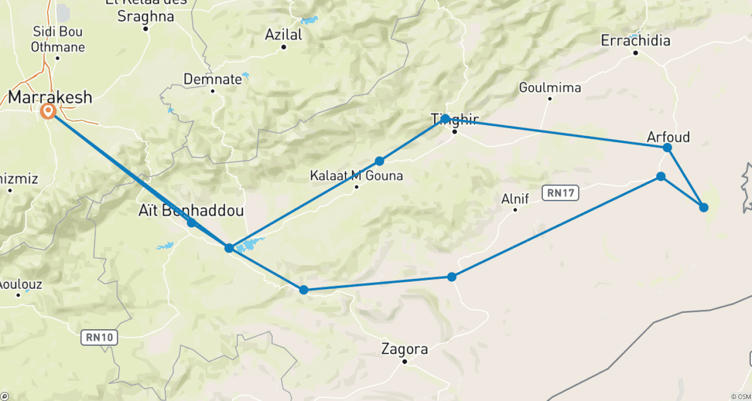 Mapa do percurso de DE MARRAQUEXE: Excursão de 3 Dias pelo Deserto Ait Ben Haddou – Desfiladeiros de Dades – Desfiladeiro de Todra – Merzouga – Erg Chebbi