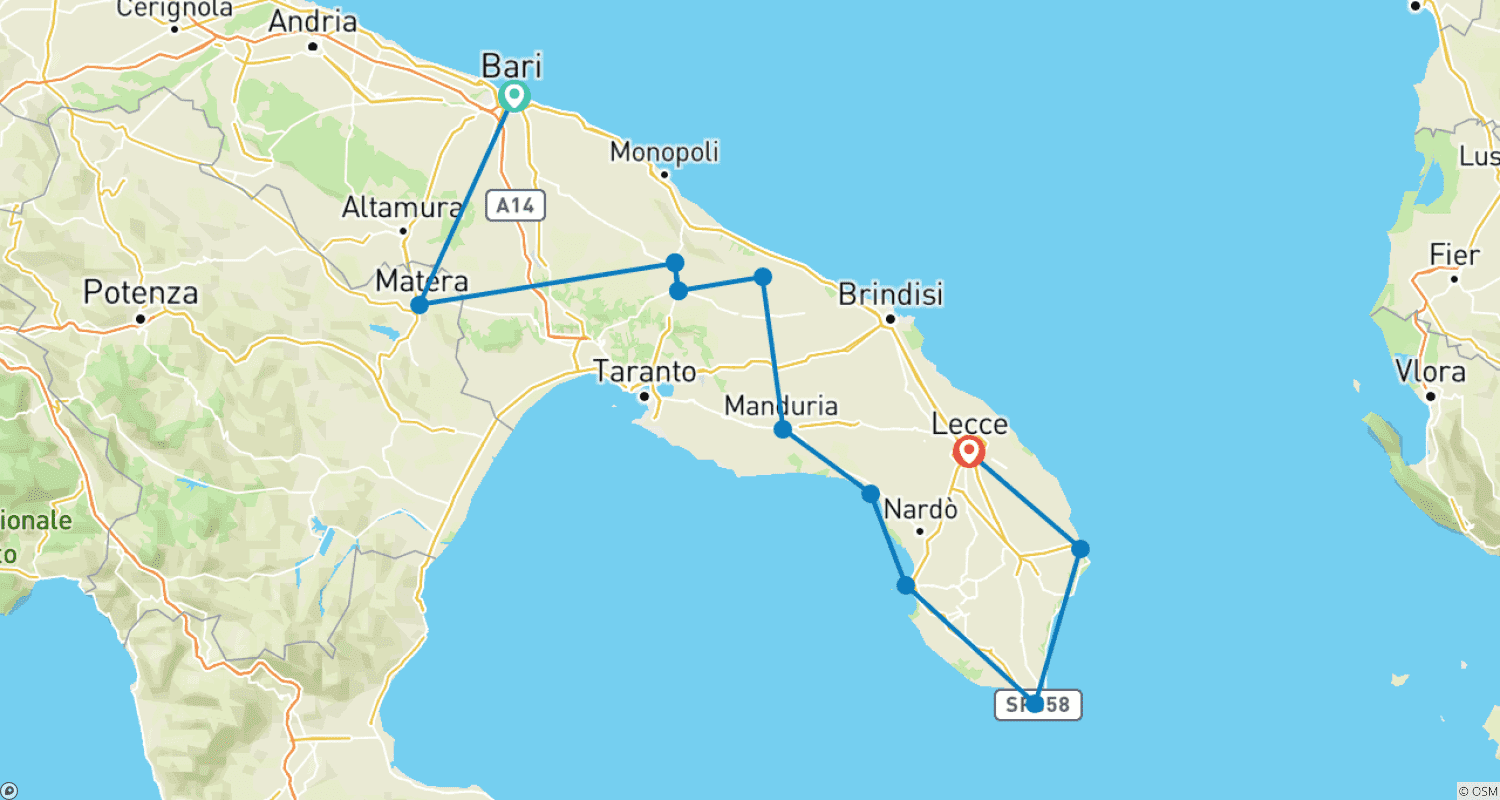 La Puglia bike tour, from Matera to Lecceのルートマップ