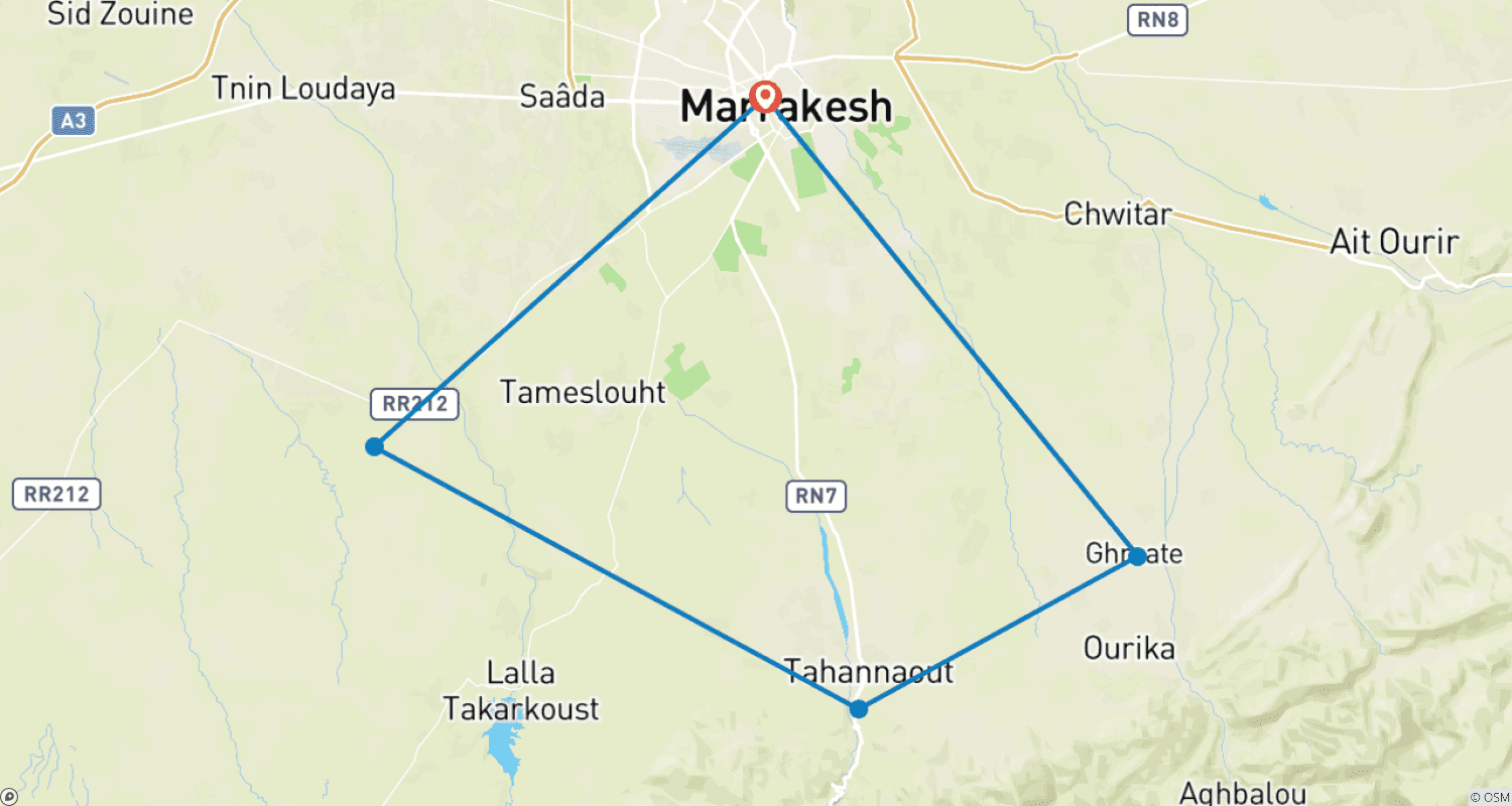 Mapa trasy: 4 Dni Marrakesz, Dolina Ourika i Pustynia Agafay