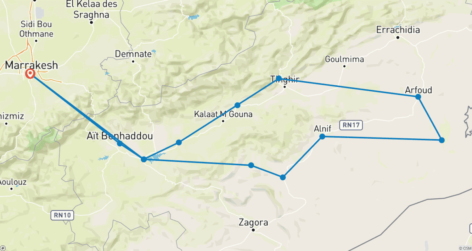 Mapa trasy: 3-dniowa wycieczka z Marrakeszu na Pustynię Merzouga z przejażdżką na wielbłądach