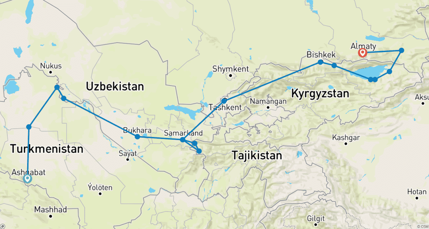 Mapa do percurso de Five Stans: Silk Road Highlights