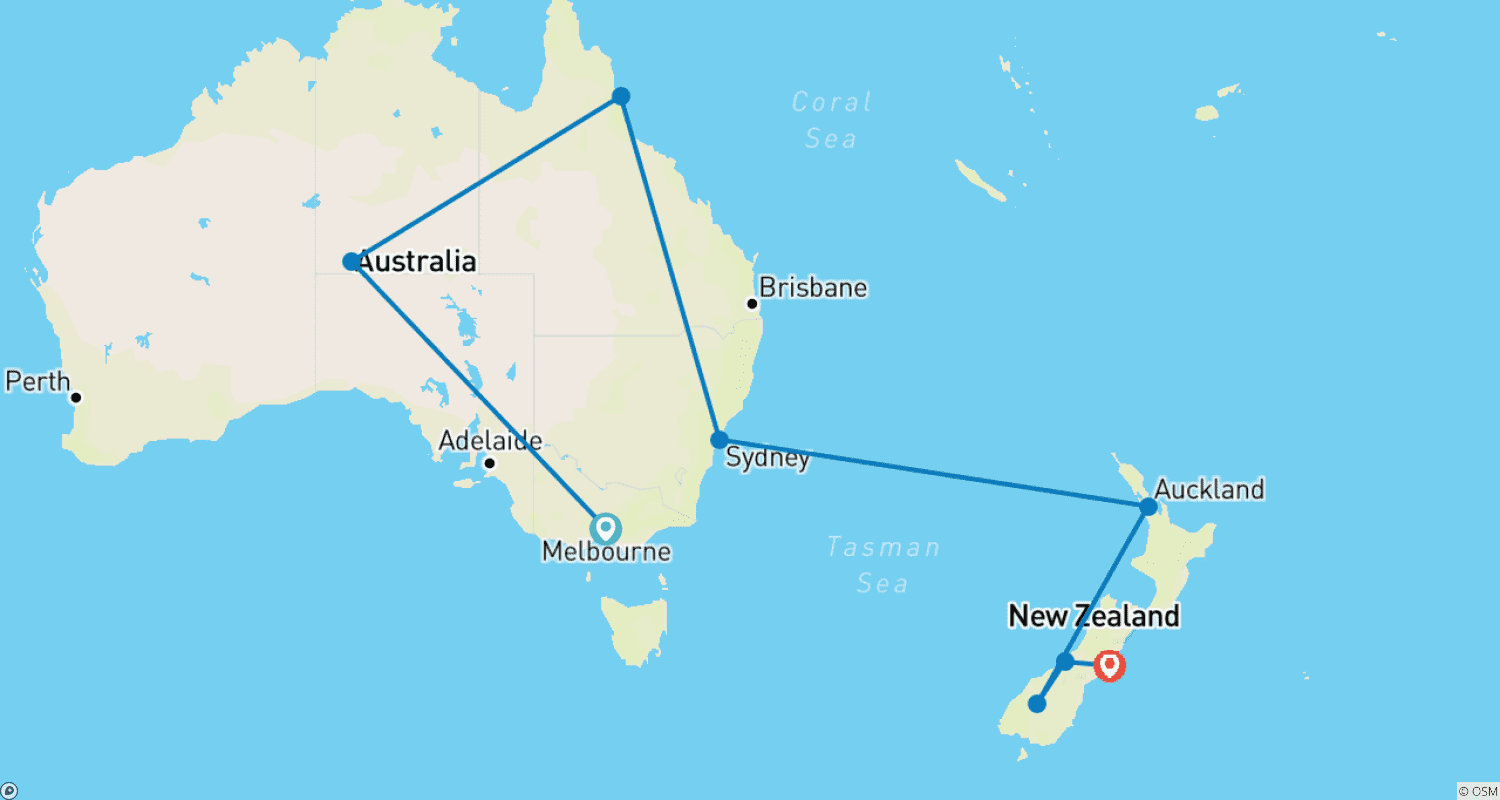 AUSTRALIA and NEW ZEALAND HIGHLIGHTS - 21 Days Melbourne to Christchurchのルートマップ