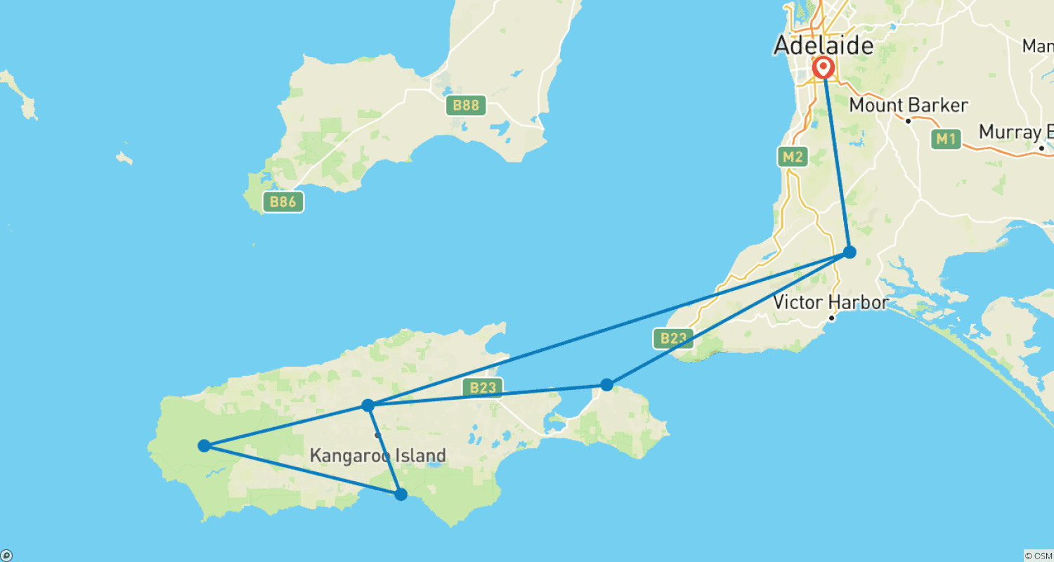 Mapa trasy: Remarkable Adelaide to Kangaroo Island (Small Groups)