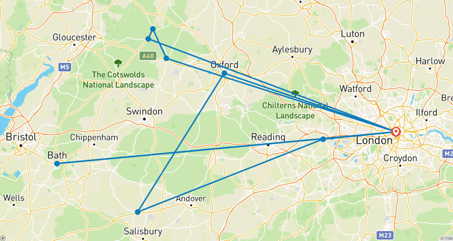 Mapa do percurso de Inglaterra Clássica - 5 Dias