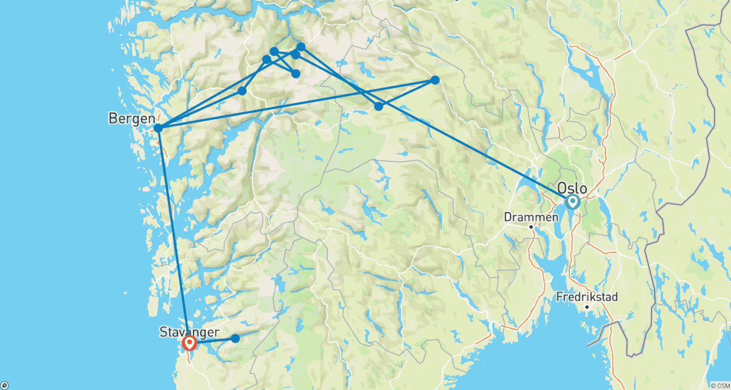 Mapa do percurso de 9 Days Norway Tour (Oslo, Bergen and Stavanger )