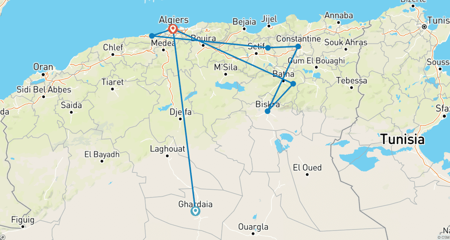 Mapa trasy: The 10 Days Ghardaia ,Northern  & Eastern Algeria Tour