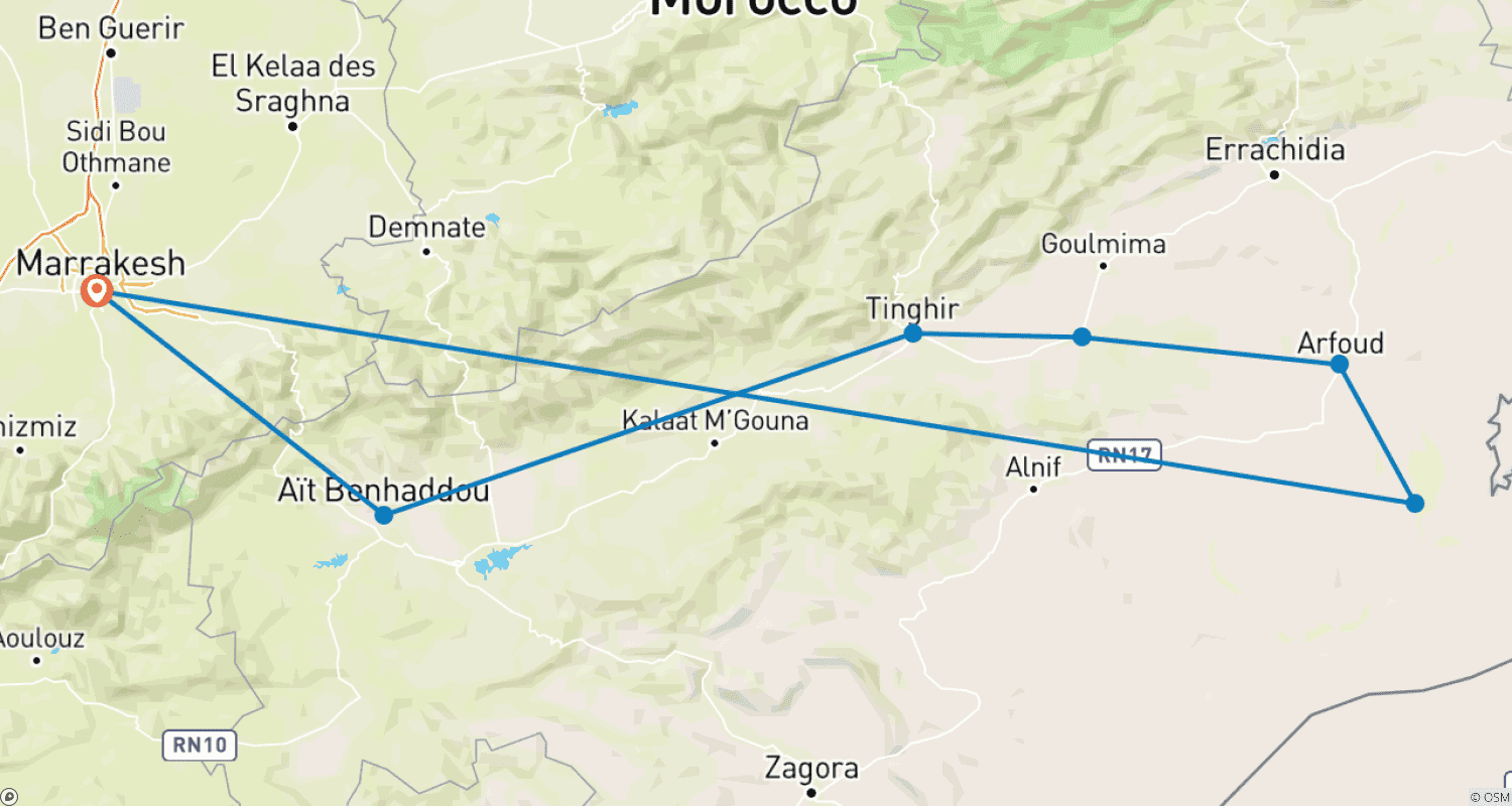 Mapa trasy: Z Marrakeszu: 3-dniowa podróż w obie strony z Marrakeszu i z powrotem przez Pustynię Merzouga i przejażdżkę na wielbłądach