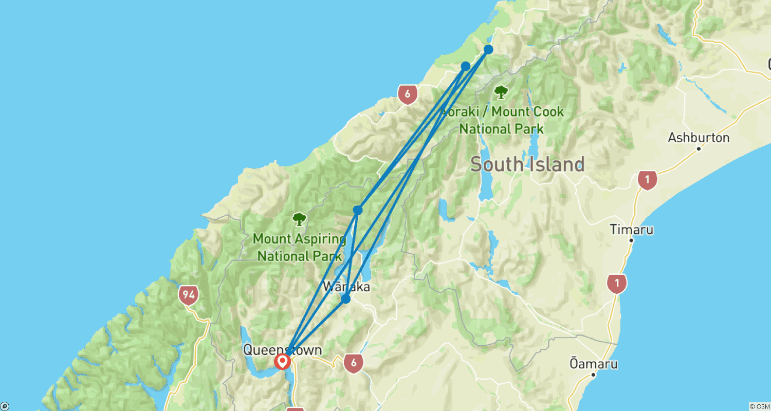 خريطة مسار 8 Days Queenstown to Wanaka by Bus: Glaciers, Skydives & Alpine Adventures