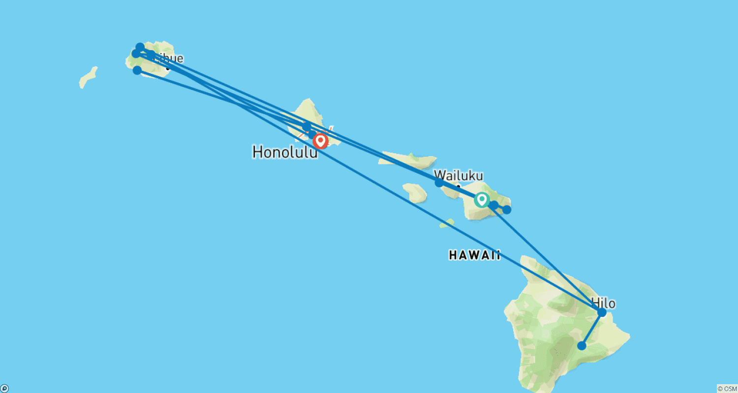 خريطة مسار Maui, Hilo, Kauai & Oahu - 11 days