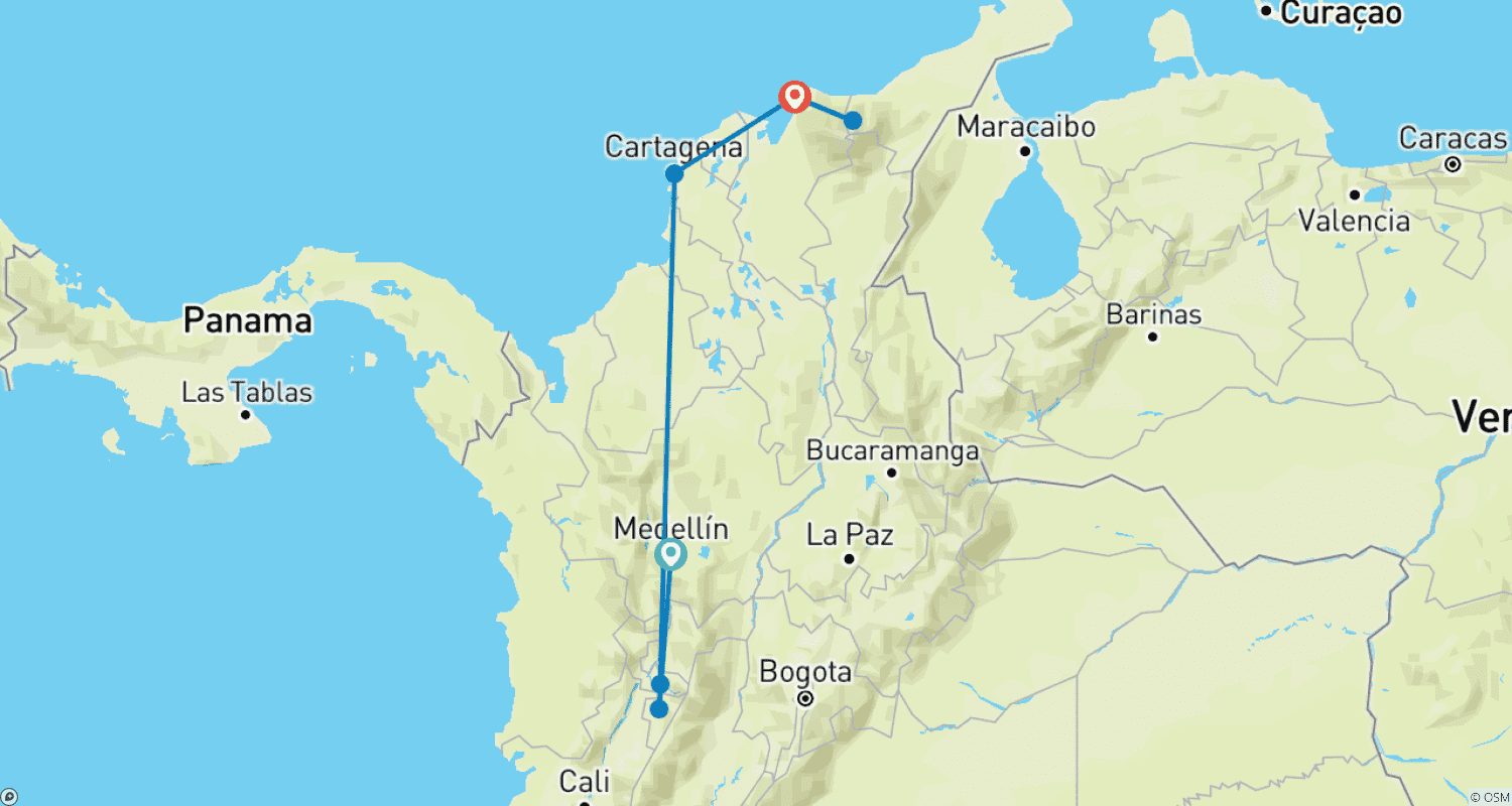 Mapa do percurso de Viagem de 10 Dias pela Colômbia, de Medellín a Santa Marta