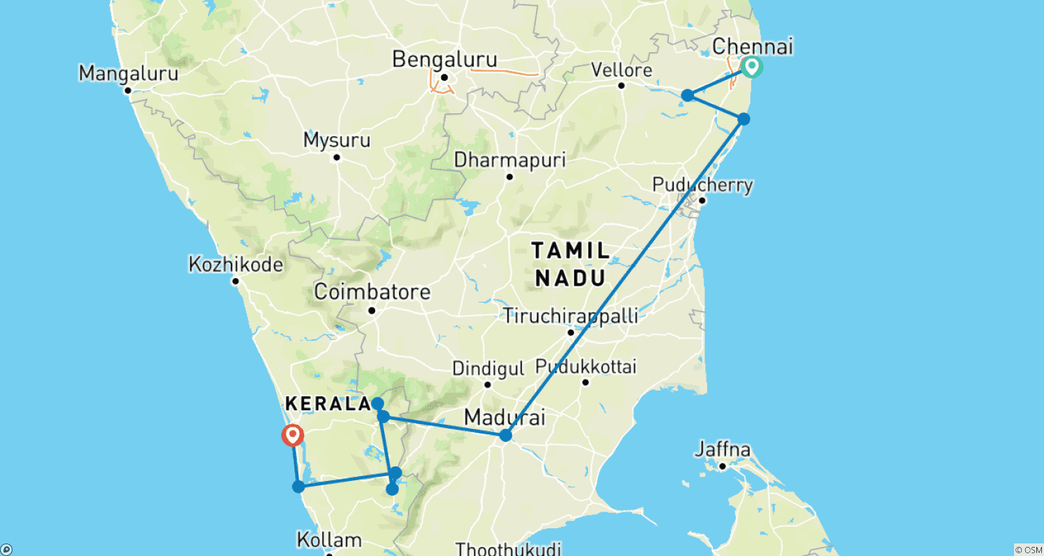 Mapa trasy: Tamil Nadu & Kerala Experience