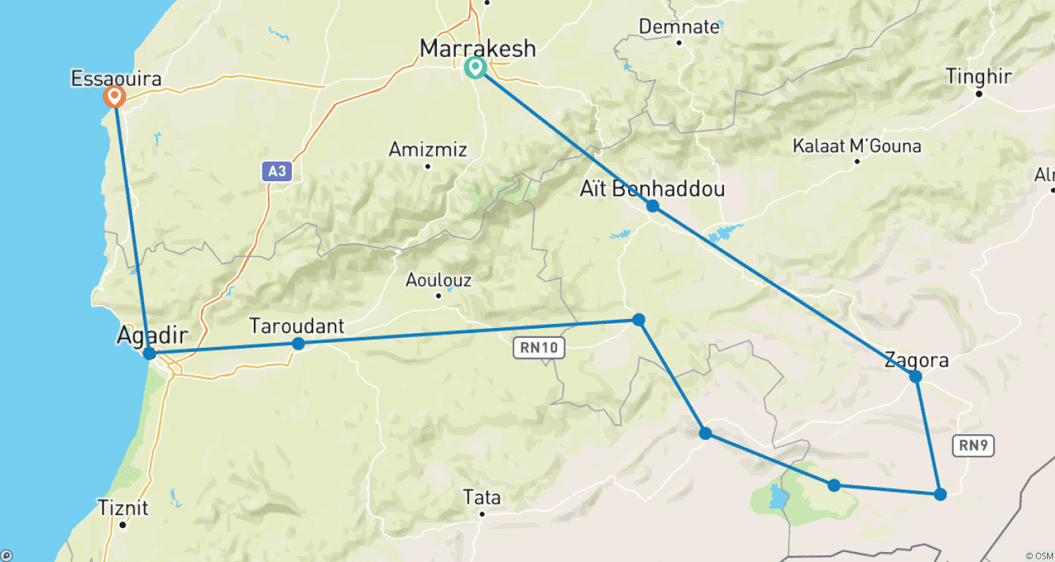 Mapa trasy: Z MARRAKESZU: 4-dniowa wycieczka: Pustynia Sahara i Ocean Atlantycki