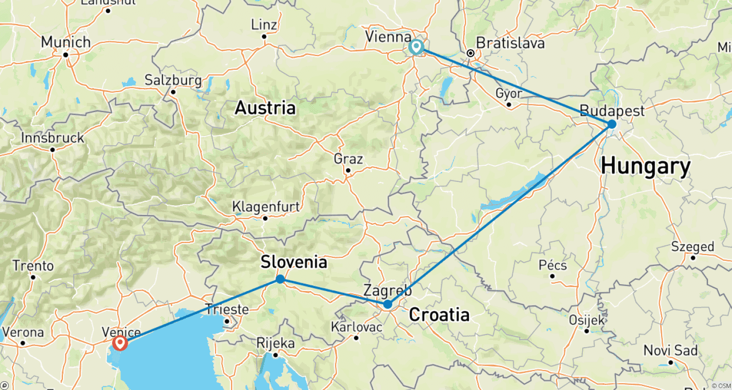 Mapa do percurso de Jovens, Selvagens e em Movimento; De Viena a Veneza de Comboio e Autocarro