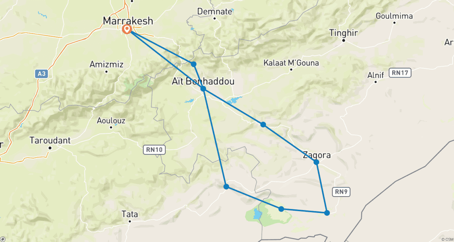 Mapa do percurso de DE MARRAQUEXE: Tour de 4 Dias Em GRUPO Para Erg Chigaga
