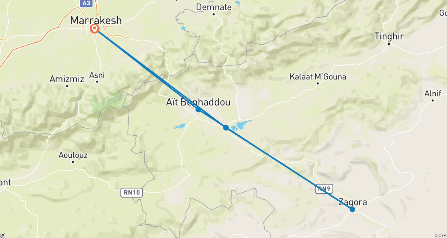 Mapa trasy: 2-dniowa wycieczka po pustyni z Marrakeszu na Pustynię Zagora