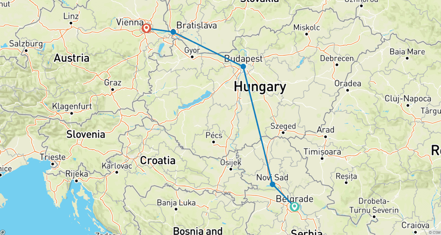 Mapa do percurso de Celebrando a juventude; De Budapeste a Munique de Comboio e Autocarro