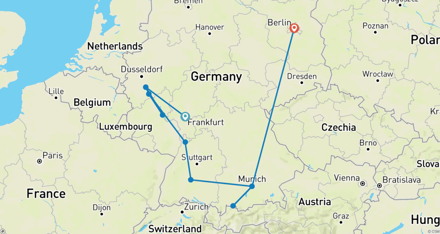 Best of Germany & Rhine Valley: Cities & Castlesのルートマップ