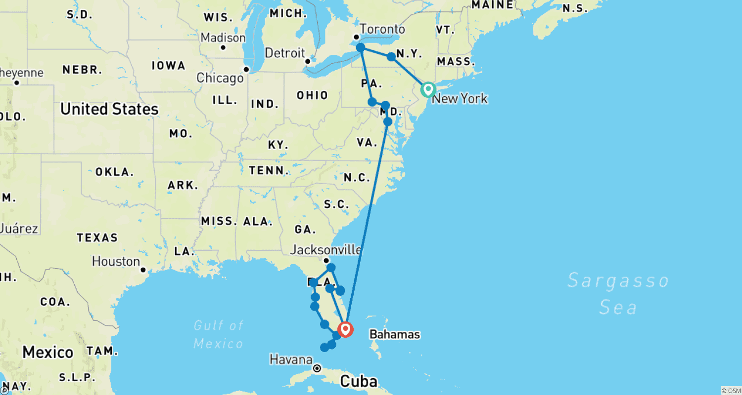 Mapa do percurso de De Norte a Sul: Nova Iorque a Miami - 13 dias