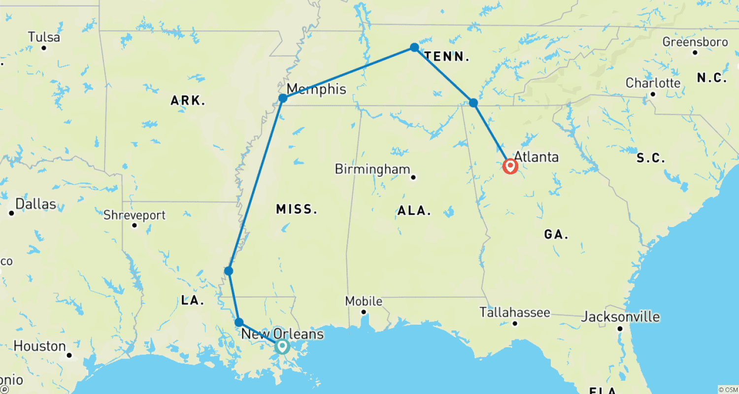Mapa do percurso de Sounds of the South New Orleans to Atlanta - 8 days