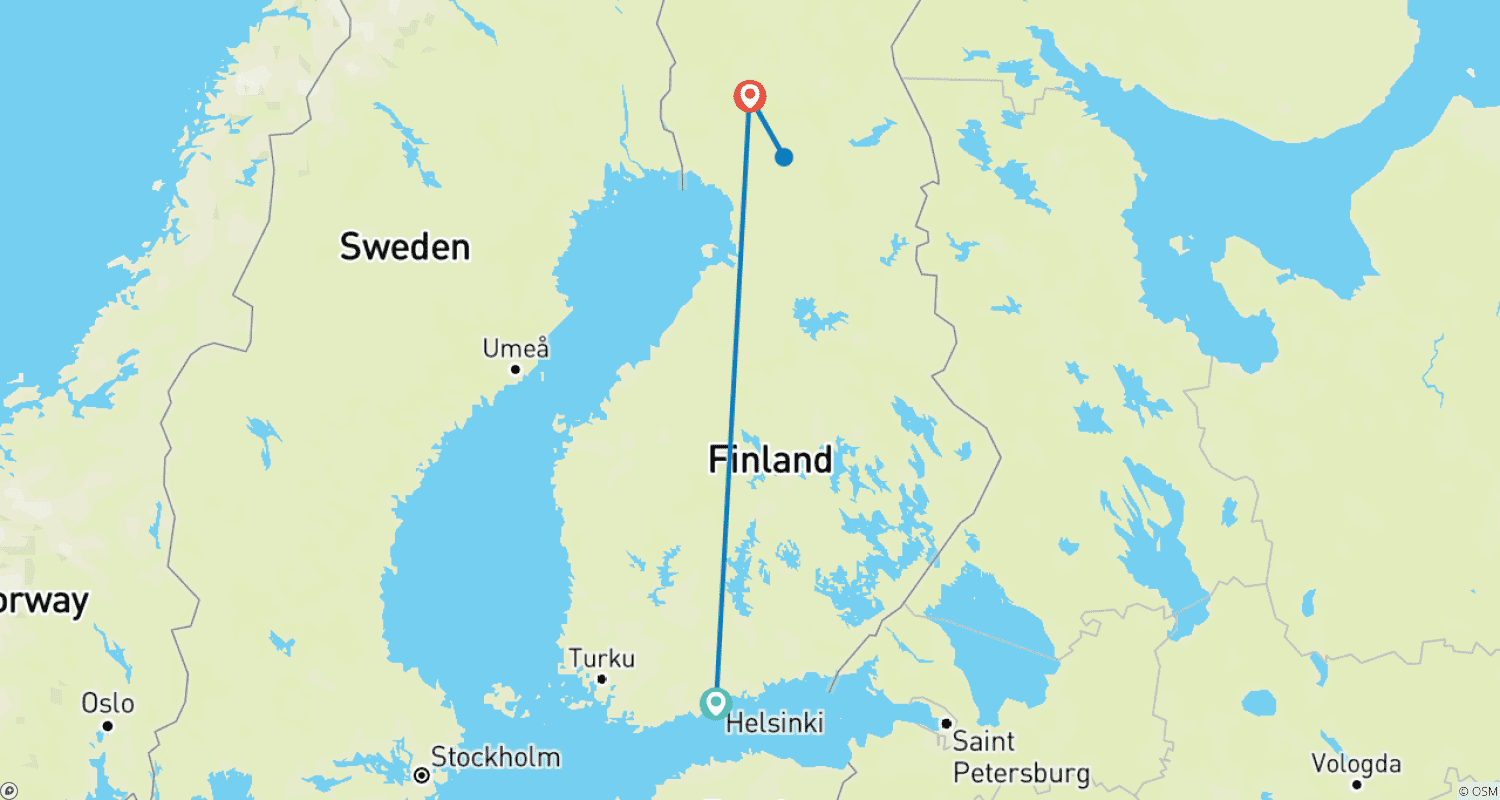 Mapa do percurso de Santa Claus Express de Helsinque para a Lapônia - 7 dias