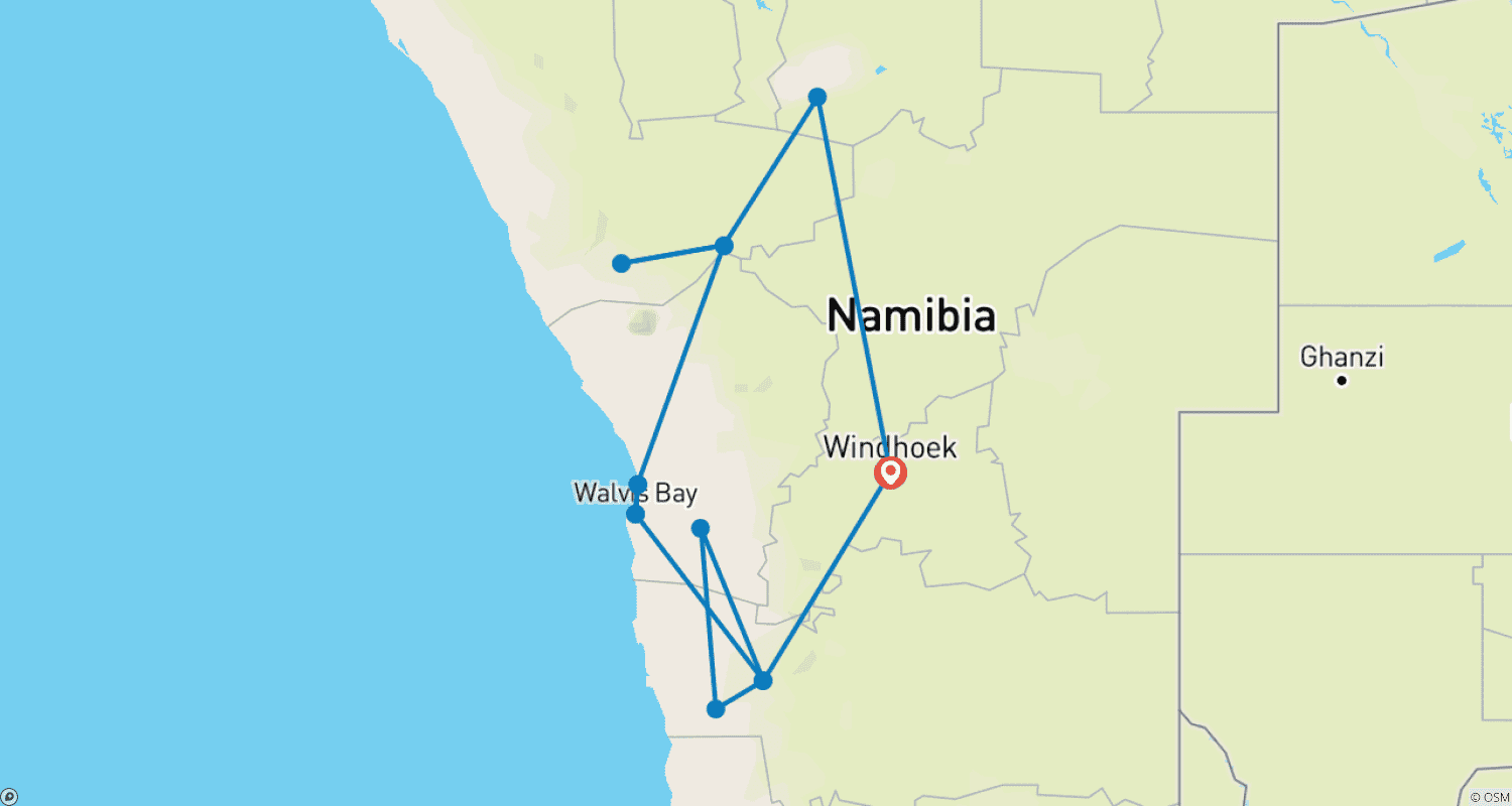 Mapa trasy: Namibia Classic Safari Adventure – 10 Days