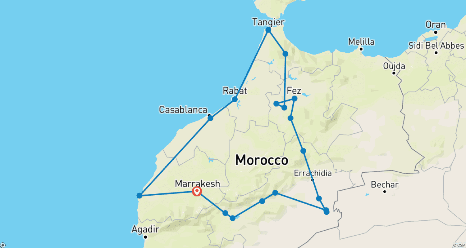 Mapa trasy: Z Marrakeszu: 13-dniowa prywatna marokańska wycieczka — Wybrzeże Atlantyckie, miasta cesarskie i Pustynia Sahary