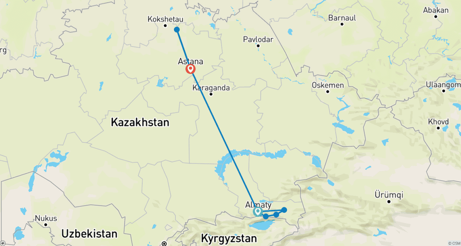 Kazakhstan: From Canyons to the Capitalのルートマップ