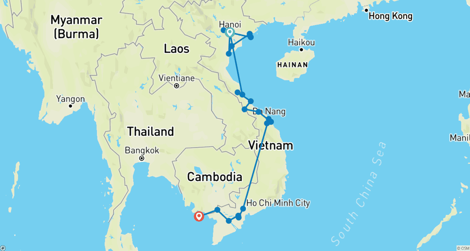 Majestic Vietnam with Phu Quoc Beach 21 Daysのルートマップ