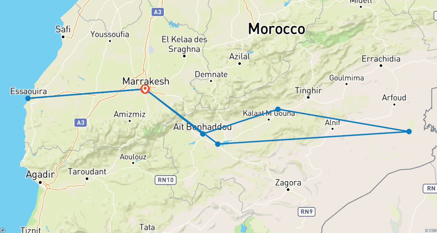 Mapa do percurso de DE MARRAQUEXE: Viagem de Lua de Mel de 7 Dias Em Marrocos