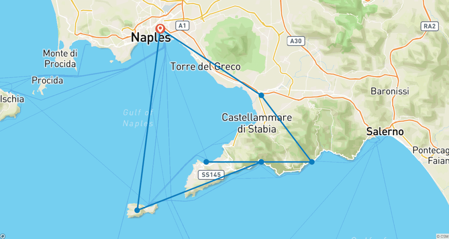 Mapa trasy: 6 dni z Neapolu: Pompeje, Wezuwiusz, Wybrzeże Amalfi, Sorrento, Positano i wyspa Capri
